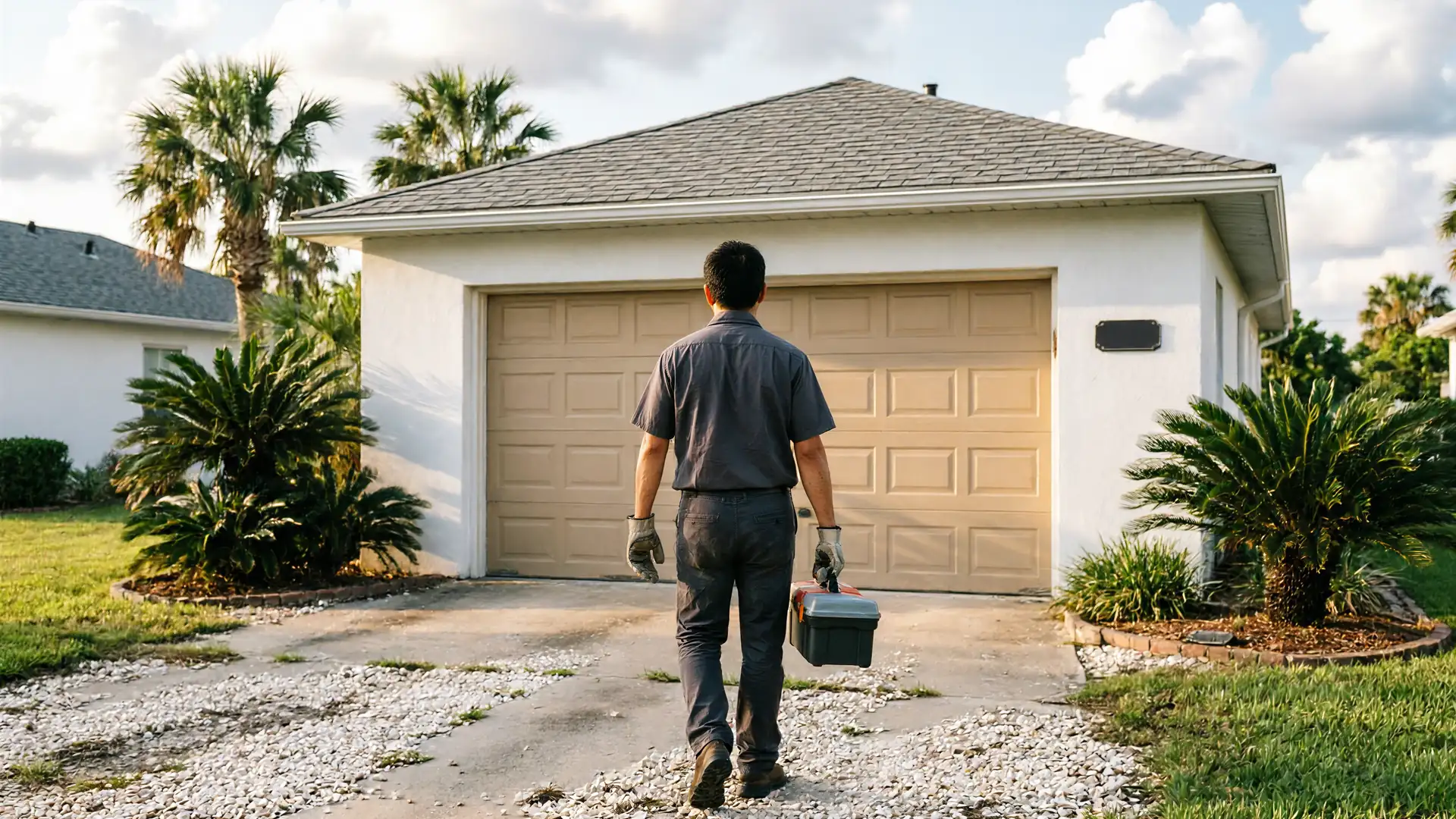 A technician walks toward a house with a beige garage door and palm trees.