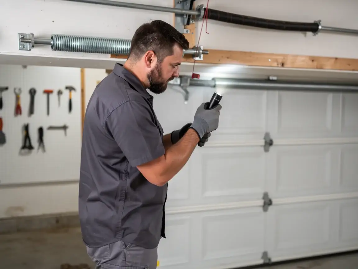 A technician shines a flashlight on a white garage door and springs.