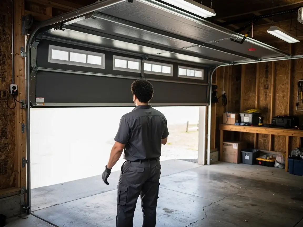 A technician stands in a garage looking at a partially open garage door.