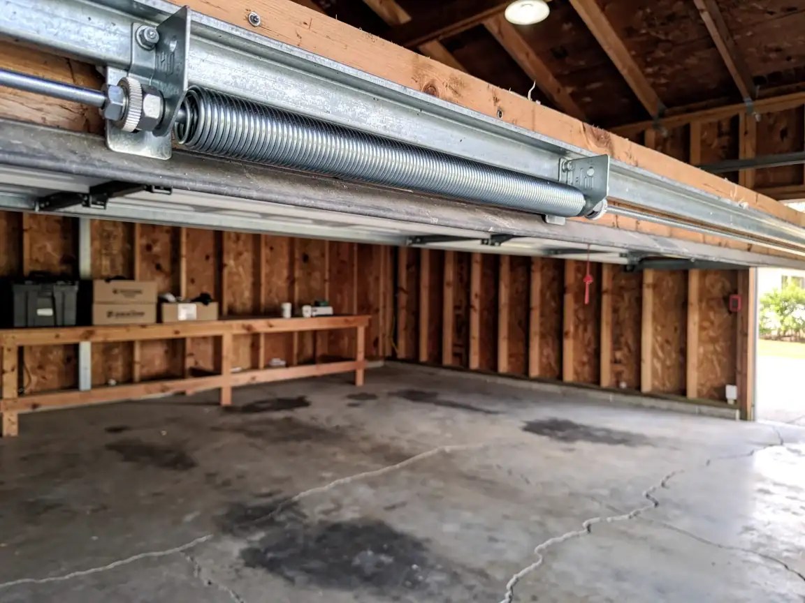 A torsion spring is mounted above an open garage door inside a garage.